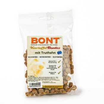 Durchsichtige Tüte BONT Hundesnacks 'Kartoffel Bonties' mit Truthahn, runde braune Stücke; Aufschrift: WEIZENFREI • GETREIDEFREI • GLUTENFREI.