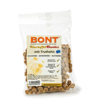 Durchsichtige Tüte BONT Hundesnacks 'Kartoffel Bonties' mit Truthahn, runde braune Stücke; Aufschrift: WEIZENFREI • GETREIDEFREI • GLUTENFREI.