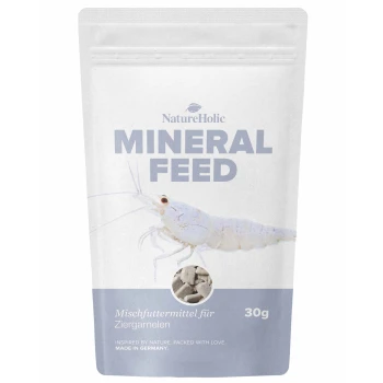 NatureHolic Mineral Feed 30g wiederverschließbare weiße Tüte mit Bild einer weißen Garnele und dem Text ‚Mischfuttermittel für Ziergarnelen‘