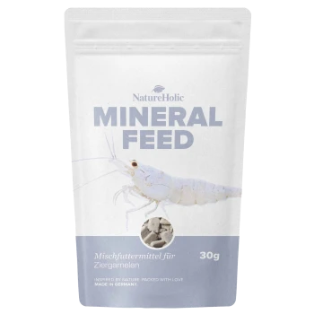 NatureHolic Mineral Feed 30g wiederverschließbare weiße Tüte mit Bild einer weißen Garnele und dem Text ‚Mischfuttermittel für Ziergarnelen‘