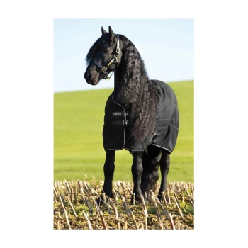 Ein schwarzes Pferd, das eine Rambo-Decke trägt, steht auf einem Feld mit Stoppeln und zeigt seine lange Mähne und einen Halfter.