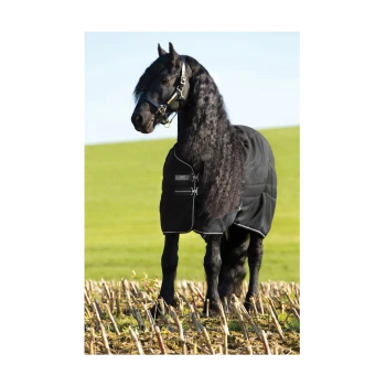 Ein schwarzes Pferd, das eine Rambo-Decke trägt, steht auf einem Feld mit Stoppeln und zeigt seine lange Mähne und einen Halfter.