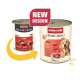 Deux boîtes de nourriture pour chien adulte Animonda GranCarno saveur bœuf, montrant l'ancien et le nouveau design avec une étiquette « NOUVEAU DESIGN ».