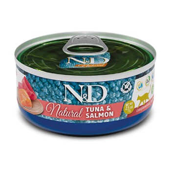 Dosen-Katzenfutter mit dem Etikett "N&D Natural Tuna & Salmon", mit einem Zugdeckel, mit Bildern von Thunfisch und Lachs auf dem Etikett.