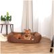Ein entspannter brauner Hund liegt in einem gemütlichen braunen Haustierbett auf einem Holzboden, mit einer Topfpflanze und Vorhängen im Hintergrund.