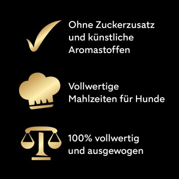 Goldene Symbole: Ohne Zuckerzusatz und künstliche Aromastoffe; Vollwertige Mahlzeiten für Hunde; 100 % vollwertig und ausgewogen.