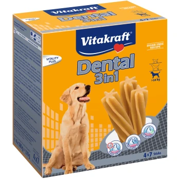 Dental 2in1 Multipack Vitakraft Dental 3in1 Hundeleckerli-Box mit einem Golden Retriever, mit zuckerfreier Rezeptur und Vorteilen zur Plaque-Kontrolle.