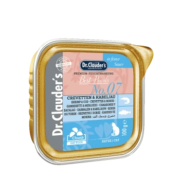 Dr. Clauder's Beste Perlen Nr. 07 Katzenfutter, mit Garnelen und Kabeljau, in einem 100g Behälter mit goldfarbenem Deckel und mehrsprachigem Text.