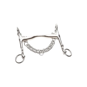 Ein glänzendes silbernes Pferdegebiss mit einer Kette, das zwei Ringe auf jeder Seite zur Befestigung aufweist, vor einem weißen Hintergrund präsentiert.