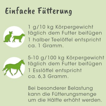 Anweisungen zur Fütterung von Haustieren auf Deutsch, die tägliche Mengen basierend auf dem Gewicht detailliert, mit Illustrationen einer Katze und eines Hundes.