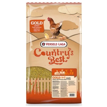 Un sac de nourriture pour poules Versele-Laga Country's Best GOLD, avec une illustration d'une poule, d'un poussin et d'œufs à l'avant, avec des détails nutritionnels au dos.