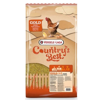 Un sac de nourriture pour poules Versele-Laga Country's Best GOLD, avec une illustration d'une poule, d'un poussin et d'œufs à l'avant, avec des détails nutritionnels au dos.