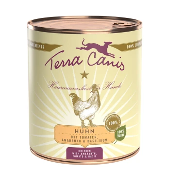 Classic Adult 6x800g Huhn mit Tomaten, Amaranth und Basilikum Dosen-Hundefutter "Terra Canis" mit Hühnerabbildung und Text: "Huhn mit Tomaten, Amaranth & Basilikum."