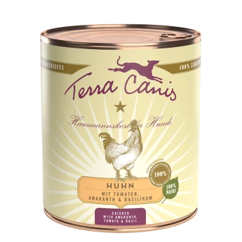 Dosen-Hundefutter "Terra Canis" mit Hühnerabbildung und Text: "Huhn mit Tomaten, Amaranth & Basilikum."