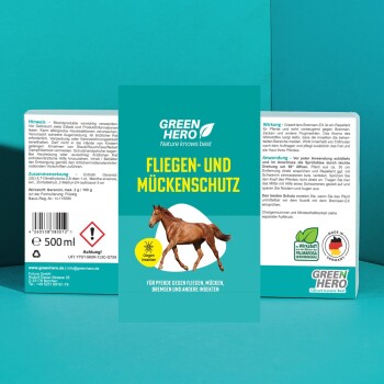 Etikett für GreenHero Bremsen-EX, ein Pferdeabwehrmittel gegen Fliegen und Mücken, mit einem galoppierenden Pferd, Anwendungshinweisen und Zutaten.