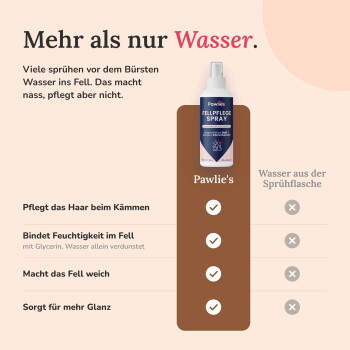 Schlafender Welpe neben einer Pawlie’s ‚Fellpflege Spray‘-Flasche – Etikett mit der Aufschrift ‚100% natürliche Inhaltsstoffe‘ und ‚angenehmer Duft‘.