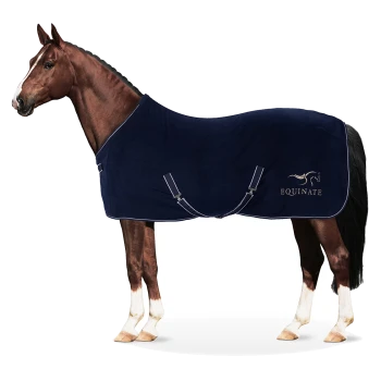 Ein braunes Pferd, das eine marineblaue Fleece-Decke mit dem Logo "EQUINATE" an der Seite trägt, vor einem weißen Hintergrund stehend.