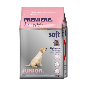 Hundefutterverpackung mit einer Silhouette eines Welpen, mit der Aufschrift 'PREMIERE. Ich liebe meinen Hund', mit 'weich' und 'JUNIOR.' in Fettdruck. 4 kg Größe.