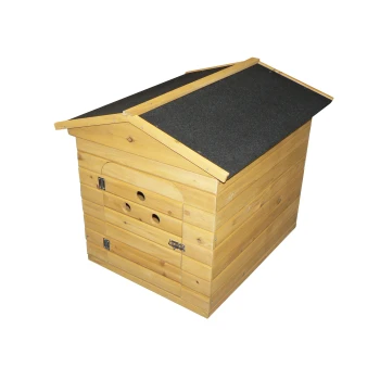 Wooden pet house with a slanted roof, featuring a door and ventilation holes, designed for outdoor use.