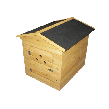Wooden pet house with a slanted roof, featuring a door and ventilation holes, designed for outdoor use.