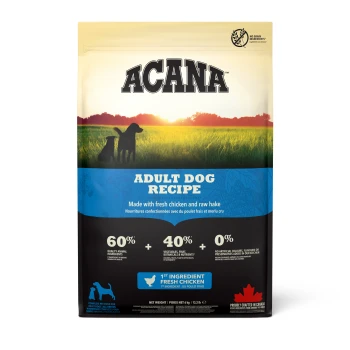 Sac de recette pour chiens ACANA Adult avec du poulet frais comme premier ingrédient, contenant 60% d'ingrédients d'origine animale et 40% de fruits et légumes.