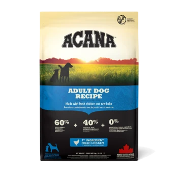 ACANA Adult Dog Recipe Tasche mit frischem Huhn als erster Zutat, mit 60% tierischen Zutaten und 40% Früchten und Gemüse.