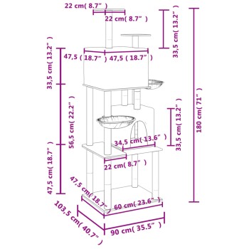 Illustration eines mehrstöckigen Katzenbaums mit in Zentimetern und Zoll beschrifteten Abmessungen, mit Plattformen, Schalen und einem gemütlichen Versteck.