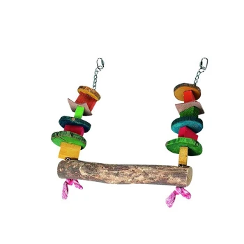Buntes Holzspielzeug für Vögel mit einem zentralen Ast und verschiedenen Formen, die an Ketten hängen, entworfen für Haustiervögel zum Spielen und Nagen.