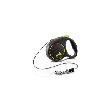 Black and green retractable dog leash with a circular handle and a metal clip, set against a white background.