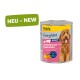 Dosen-Hundefutter mit dem Etikett 'MultiFit Favourites Adult', das Schinken und Rinderherzen enthält, mit einem Bild eines Hundes und dem Text 'NEU - NEW'.
