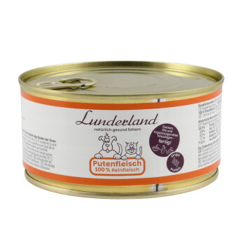 Lunderland Haustierfutterdose mit der Aufschrift „Putenfleisch 100% Reinfleisch“ und Cartoon von Hund und Katze auf einem weiß-orangenen Etikett