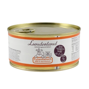 Lunderland Haustierfutterdose mit der Aufschrift „Putenfleisch 100% Reinfleisch“ und Cartoon von Hund und Katze auf einem weiß-orangenen Etikett