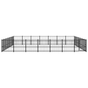 Schwarzer Metall-Haustierspielplatz mit einem Tor, für den Außenbereich konzipiert, mit vertikalen Stangen und einem geräumigen rechteckigen Layout.