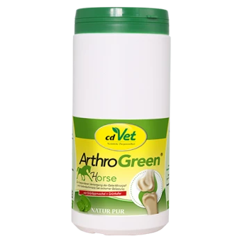 Behälter von cdVet ArthroGreen für Pferde, mit einem grünen Deckel, gelbem und weißem Etikett mit einer Gelenkillustration und dem Text "NATUR PUR."