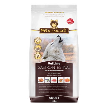 Hundefutterbeutel mit der Aufschrift "WOLFSBLUT VetLine GASTROINTESTINAL", mit einem heulenden Wolf und Informationen über die Vorteile für die Verdauungsgesundheit.