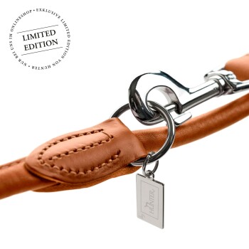 Nahaufnahme einer limitierten Hundeleine aus braunem Leder, mit einem silbernen Metallclip und einem kleinen Anhänger mit der Gravur "by HUNTER".