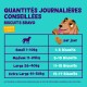 Graphique coloré intitulé "Quantités Journalières Conseillées" pour Bravo Biscuits, montrant les recommandations quotidiennes de biscuits par taille de chien.