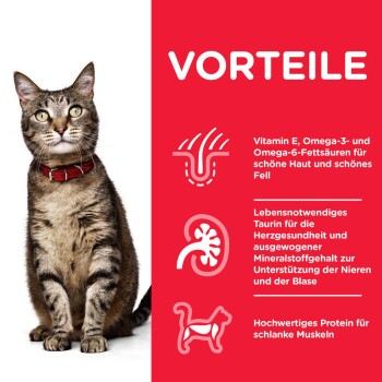 Eine getigerte Katze mit einem roten Halsband sitzt neben einem roten Panel, das Vorteile auflistet: Vitamin E, Omega-3, Taurin und hochwertiges Protein.