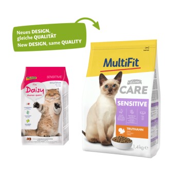 Deux paquets de nourriture pour chats : à gauche "Je suis Daisy Sensitive" avec un chat joueur, à droite "MultiFit Care Sensitive" avec un chat assis. "Nouveau DESIGN, même QUALITÉ."