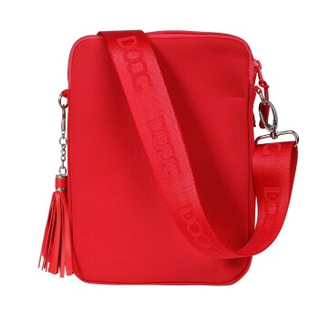 Rote Haustiertragetasche mit Reißverschluss, mit einem Quasten und einem Schultergurt, der mit "DOOG" geprägt ist.