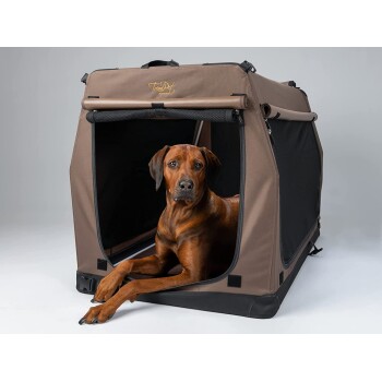 Eine braune Haustierbox mit Netzseiten, in der ein entspannter Hund sitzt, um ein robustes Design zu zeigen, das ideal für Reisen mit Haustieren ist.