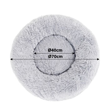 Rundes, flauschiges graues Haustierbett mit abgebildeten Abmessungen: Ø40cm Innendurchmesser und Ø70cm Außendurchmesser.