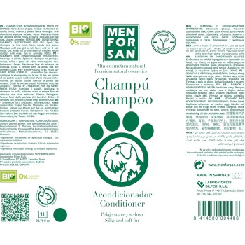 Menforsan Natur-Hundeshampoo und -Conditioner Verpackung mit einem grünen Pfotenabdruck, mehrsprachigen Anweisungen und einem biologischen "BIO"-Label.