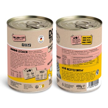 Dosenfutter für Katzen mit verspieltem deutschen Design, das "100% rein 100% Futter" angibt, mit 70% Huhn und Nährwertinformationen.