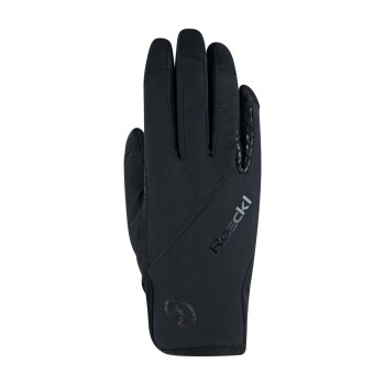 Schwarze Winterhandschuhe mit einem eleganten Design, die das Logo 'Roeckl' auf der Rückseite und einen strukturierten Griff auf der Handfläche haben.