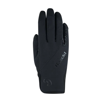 Schwarze Winterhandschuhe mit einem eleganten Design, die das Logo 'Roeckl' auf der Rückseite und einen strukturierten Griff auf der Handfläche haben.