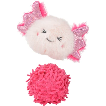 Paire de jouets pour animaux roses : une peluche duveteuse en forme de bonbon avec visage endormi et ailes scintillantes ; une grosse boule pompon brillante et hirsute.