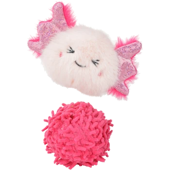 Paar rosa Haustierspielzeuge: flauschiges bonbonförmiges Plüschtier mit schläfrigem Gesicht und funkelnden Flügeln; leuchtend flauschiger Bommelball.
