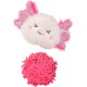 Paire de jouets pour animaux roses : une peluche duveteuse en forme de bonbon avec visage endormi et ailes scintillantes ; une grosse boule pompon brillante et hirsute.