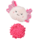 Set van twee roze huisdierspeeltjes: pluizig snoepvormig knuffeltje met slaperig gezicht en glinsterende vleugels; felle, pluizige pomponbal.